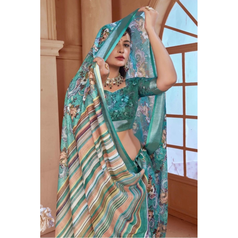 Women's Printed Cotton Linen Saree withPrinted Saree With Unstitched Blouse (Mint Green, 5-6Mtrs) Women's Printed Cotton Linen Saree withPrinted Saree With Unstitched Blouse (Mint Green, 5-6Mtrs)