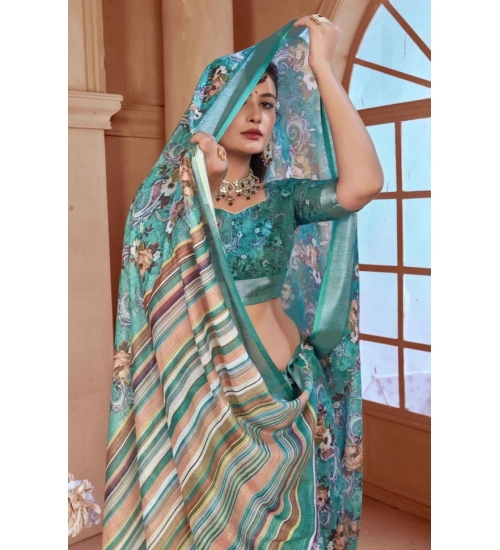 Women's Printed Cotton Linen Saree withPrinted  Saree With Unstitched Blouse (Mint Green, 5-6Mtrs)