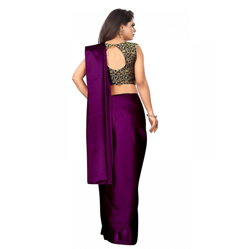 Women's Satin Printed Saree With Unstitched Blouse 5.5Mtr (Wine)