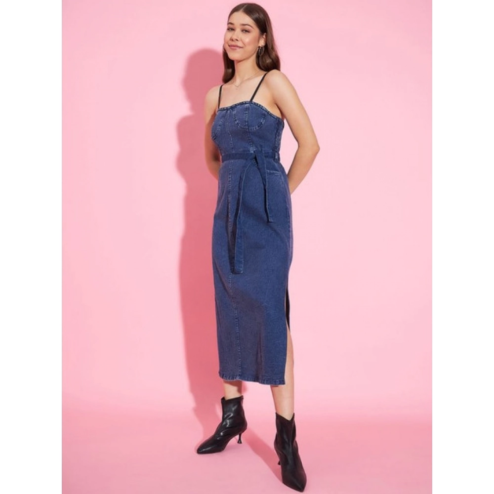 Women's Denim Solid Shoulder Straps Dress (Blue) Women's Denim Solid Shoulder Straps Dress (Blue)