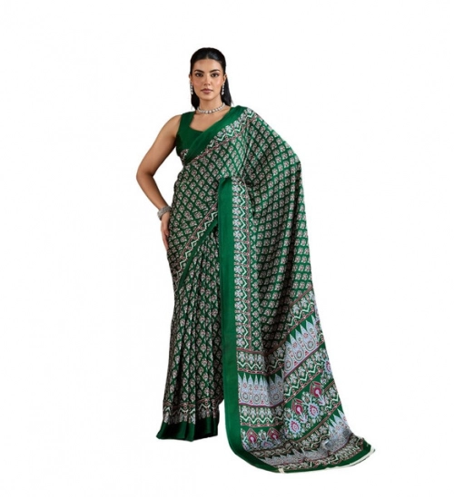 Women's Satin Crepe Printed Saree With Unstitched Blouse 5.5Mtr (Green)