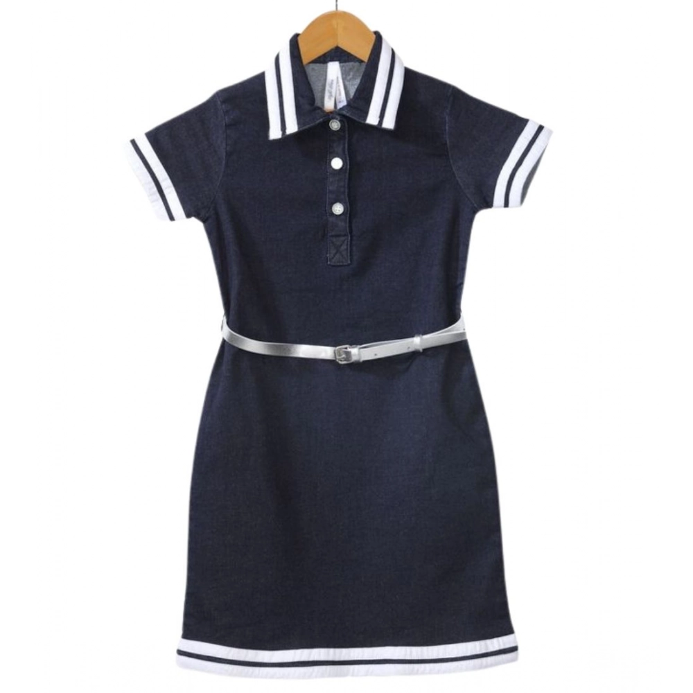 Girl's Denim Lycra Ribbed Elasticated Dress with Belt (Navy Blue-White) Girl's Denim Lycra Ribbed Elasticated Dress with Belt (Navy Blue-White)