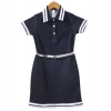 Girl's Denim Lycra Ribbed Elasticated Dress with Belt (Navy Blue-White)