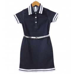 Girl's Denim Lycra Ribbed Elasticated Dress with Belt (Navy Blue-White)