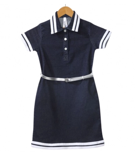 Girl's Denim Lycra Ribbed Elasticated Dress with Belt (Navy Blue-White)