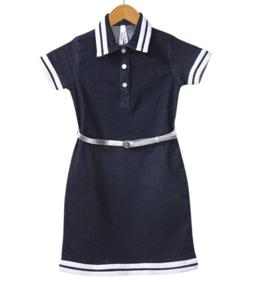 Girl's Denim Lycra Ribbed Elasticated Dress with Belt (Navy Blue-White)