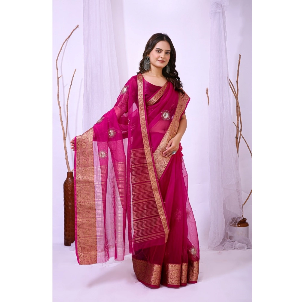 Women's Organza jacquard Embellished Saree With Unstitched Blouse 5.5Mtr (Pink) Women's Organza jacquard Embellished Saree With Unstitched Blouse 5.5Mtr (Pink)