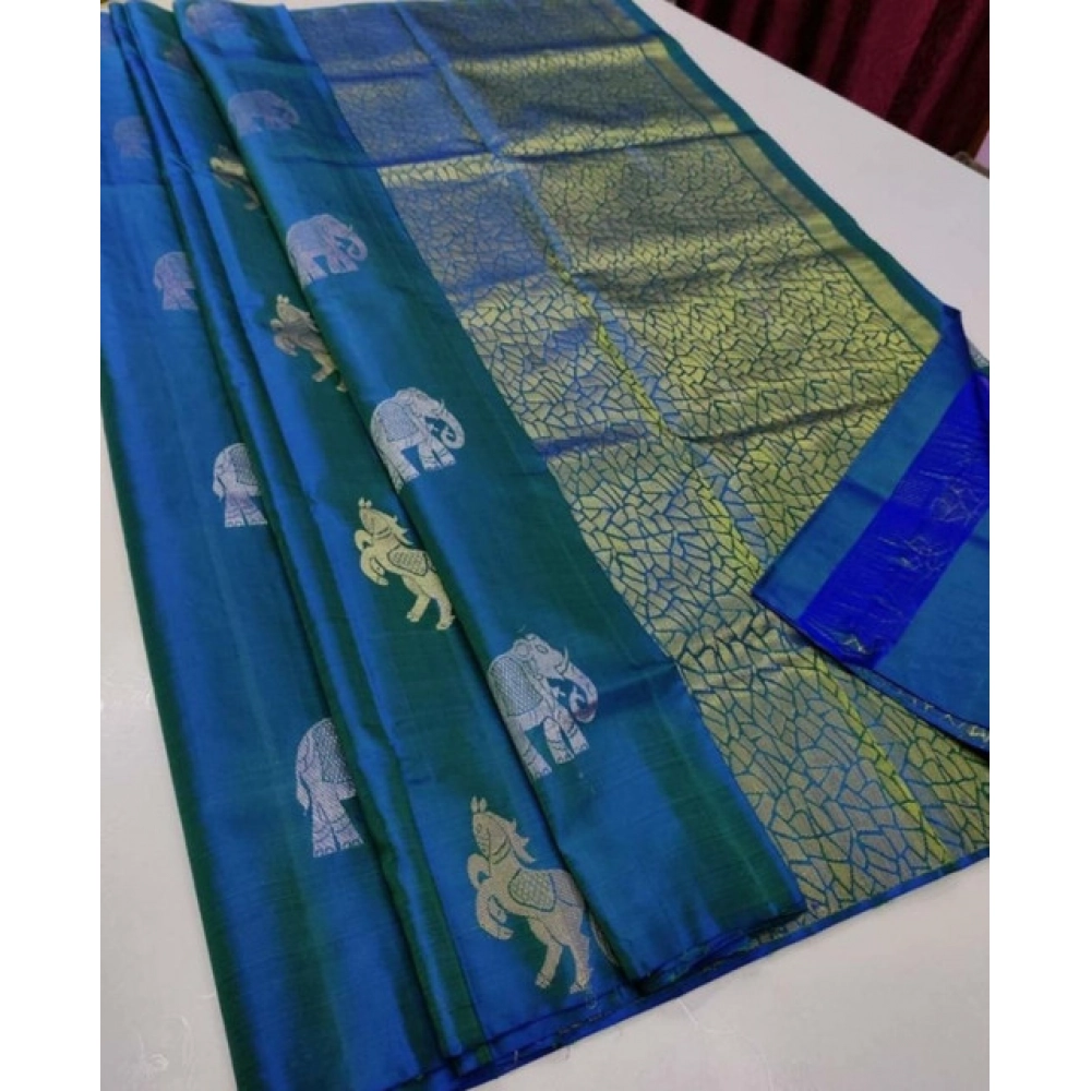 Women's Litchi silk Printed Saree With Unstitched Blouse (Turquise Blue) Women's Litchi silk Printed Saree With Unstitched Blouse (Turquise Blue)
