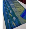 Women's Litchi silk Printed Saree With Unstitched Blouse (Turquise Blue)