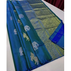 Women's Litchi silk Printed Saree With Unstitched Blouse (Turquise Blue)