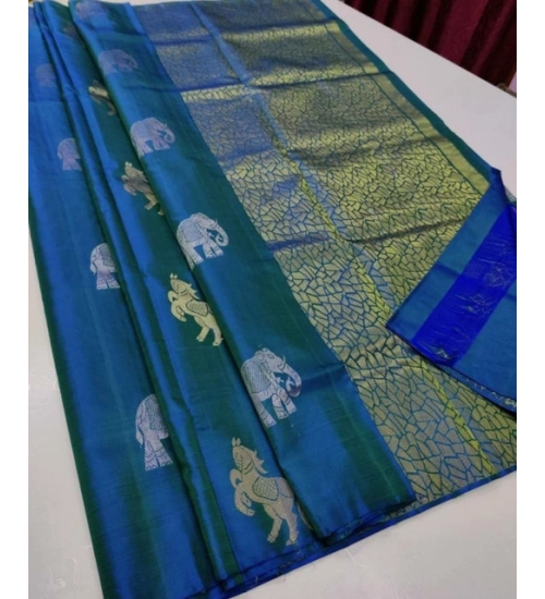 Women's Litchi silk Printed Saree With Unstitched Blouse (Turquise Blue)