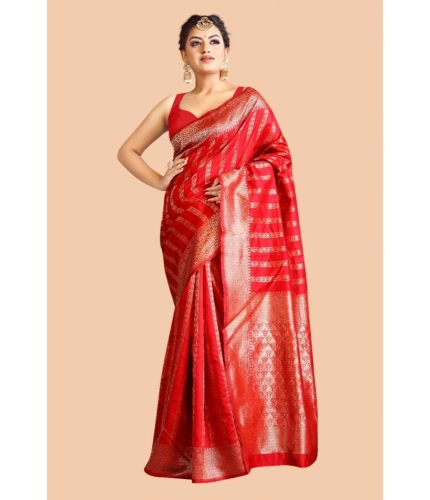 Women's Soft Lichi Silk Printed Saree With Unstitched Blouse 5.5Mtr (Red)