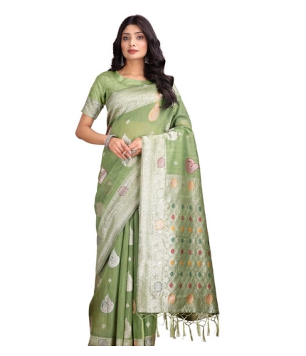 Women's Linen Cotton Printed Saree With Unstitched Blouse 5.5Mtr (Light Green)