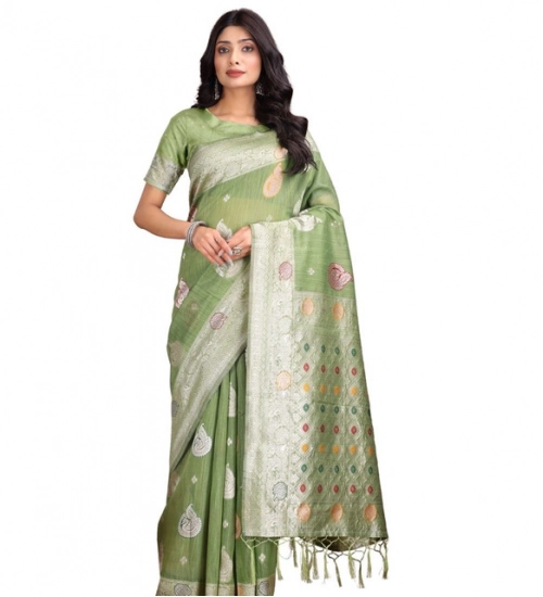 Women's Linen Cotton Printed Saree With Unstitched Blouse 5.5Mtr (Light Green)
