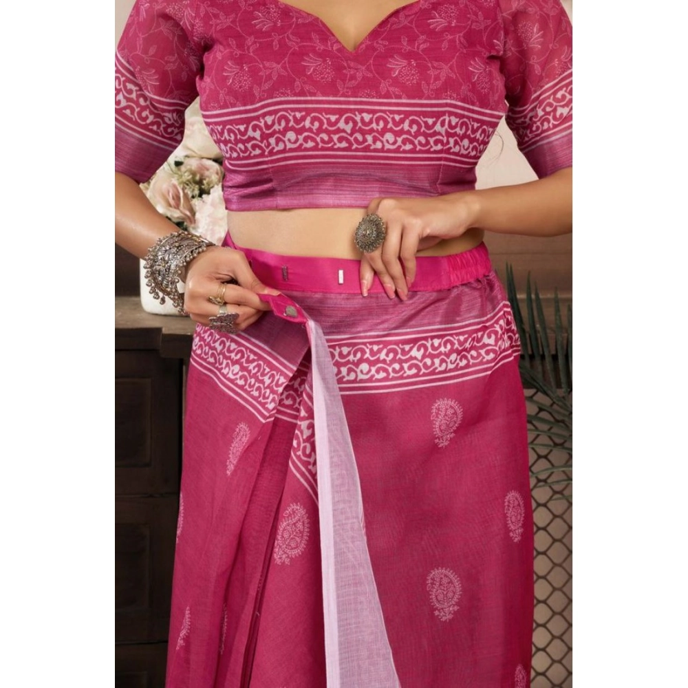 Women's Faux Linen Floral Print Ready to wear Saree With Unstitched Blouse 5.5Mtr (Pink) Women's Faux Linen Floral Print Ready to wear Saree With Unstitched Blouse 5.5Mtr (Pink)