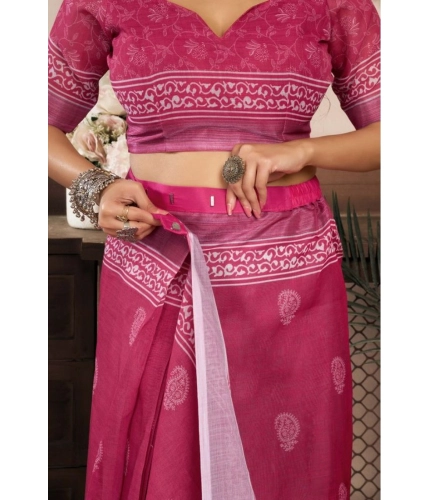 Women's Faux Linen Floral Print Ready to wear Saree With Unstitched Blouse 5.5Mtr (Pink)