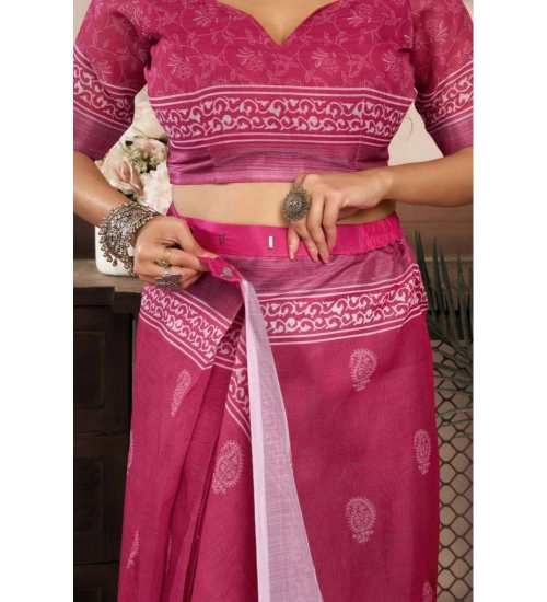 Women's Faux Linen Floral Print Ready to wear Saree With Unstitched Blouse 5.5Mtr (Pink)