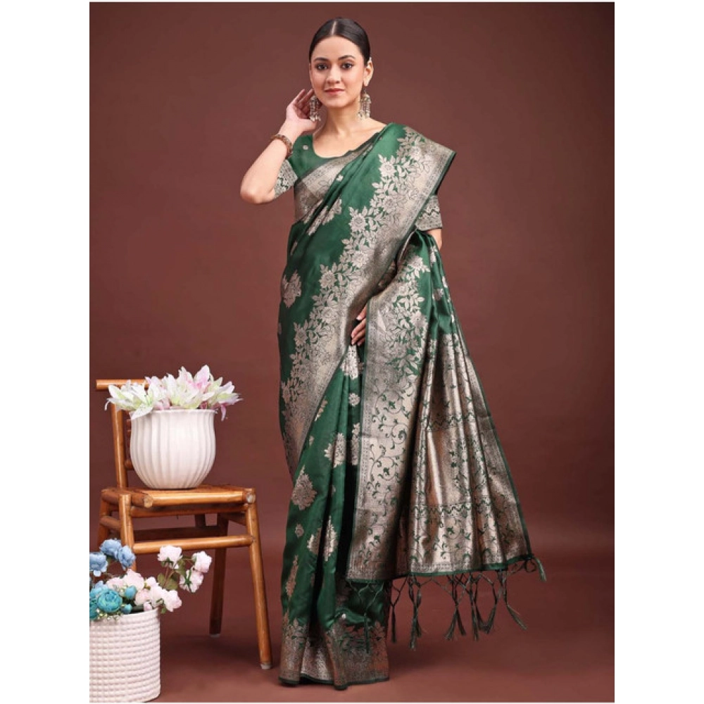 Women's Banarasi Silk Printed Saree With Unstitched Blouse 5.5Mtr (Dark Green) Women's Banarasi Silk Printed Saree With Unstitched Blouse 5.5Mtr (Dark Green)