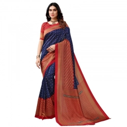 Women's Litchi silk Printed Saree With Unstitched Blouse  5-6 Mtrs (Navy Blue)