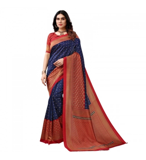 Women's Litchi silk Printed Saree With Unstitched Blouse  5-6 Mtrs (Navy Blue)
