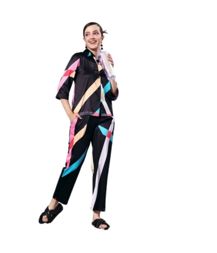 Women's Satin Colour Block Long Sleeves Co-Ord Set (Multicolor)