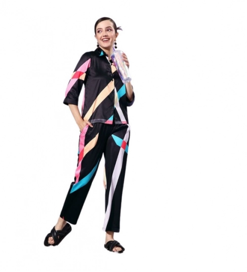 Women's Satin Colour Block Long Sleeves Co-Ord Set (Multicolor)