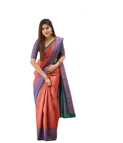 Women's Soft Lichi Silk Printed Saree With Unstitched Blouse 5.5Mtr (Orange)