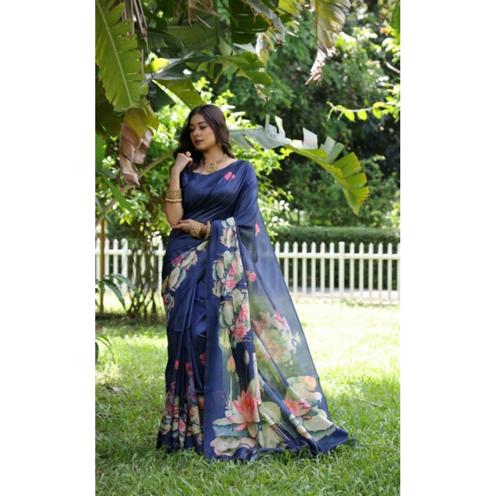 Women's Faux_Tussar Floral Saree With Unstitched Blouse 5.5Mtr (Navy_Blue) Women's Faux_Tussar Floral Saree With Unstitched Blouse 5.5Mtr (Navy_Blue)