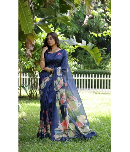 Women's Faux_Tussar Floral Saree With Unstitched Blouse 5.5Mtr (Navy_Blue)