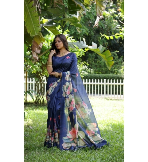 Women's Faux_Tussar Floral Saree With Unstitched Blouse 5.5Mtr (Navy_Blue)