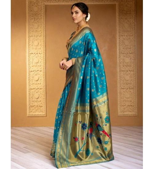 Women's Silk Blend Zari Weaving Saree With Unstitched Blouse 5.5Mtr (Turquoise)