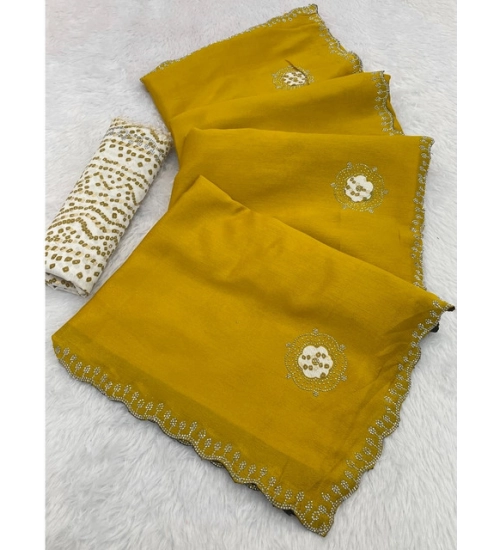 Women's Chiffon Butti Dotted Saree With Unstitched Blouse 5.5Mtr (Yellow)