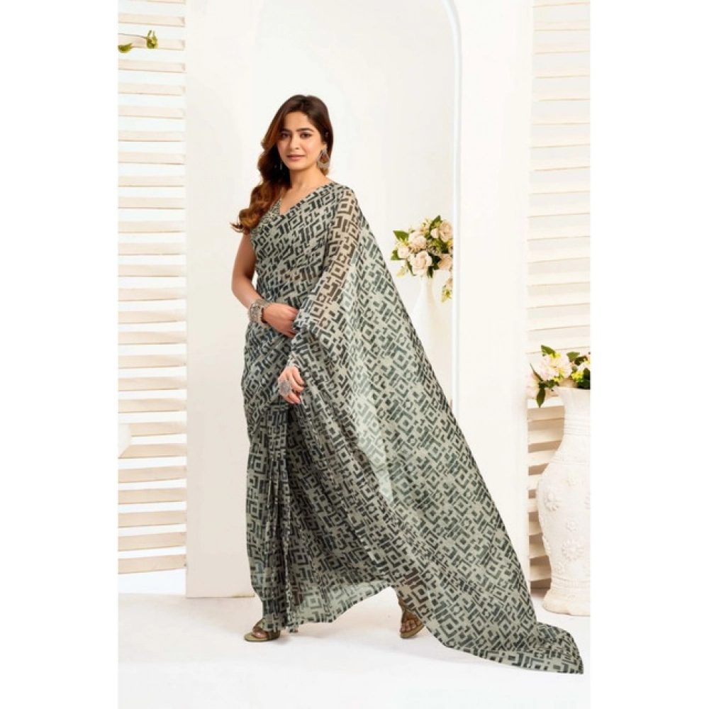 Women's Linen Cotton Printed Ready To Wear With Pocket Saree With Unstitched Blouse 5.5 Mtr (Grey)