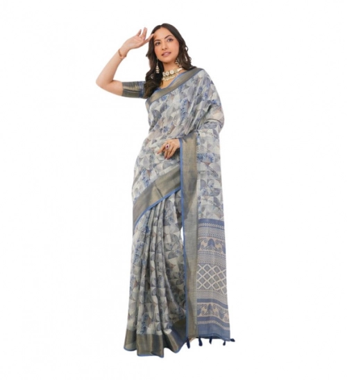 Women's Polyester Printed Saree With Unstitched Blouse 5.5 Mtr (Grey)