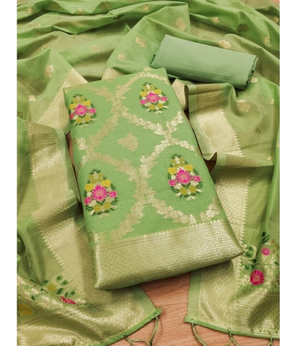 Women's Banarasi Silk Printed Unstitched Salwar Suit Material With Dupatta (Pista, 3Mtrs)