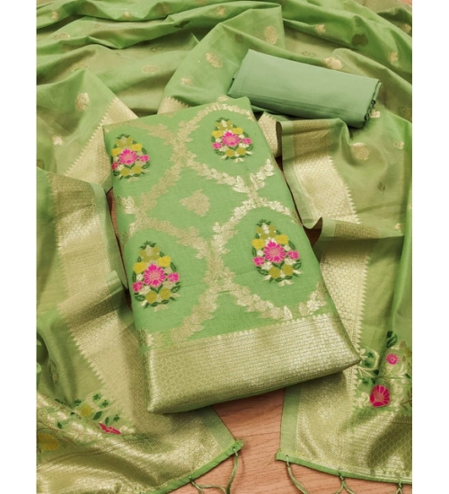 Women's Banarasi Silk Printed Unstitched Salwar Suit Material With Dupatta (Pista, 3Mtrs)