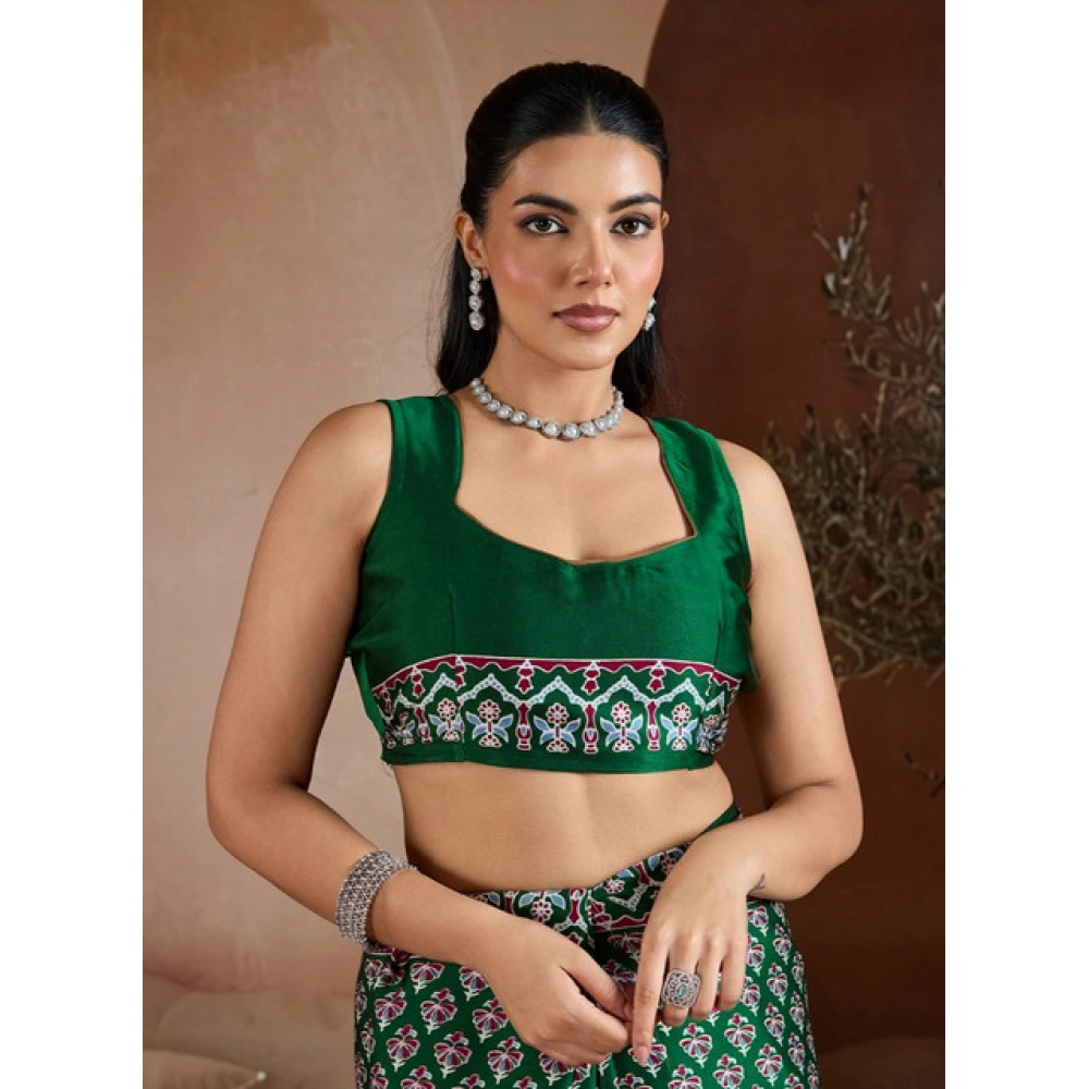 Women's Satin Crepe Printed Saree With Unstitched Blouse 5.5Mtr (Green)