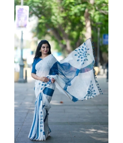 Women's Linen Printed Saree With Unstitched Blouse 5.5Mtr (White)