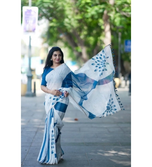 Women's Linen Printed Saree With Unstitched Blouse 5.5Mtr (White)