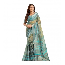 Women's Linen Cotton Printed Ready To Wear Saree With Unstitched Blouse 5.5 Mtr (Light_Green)