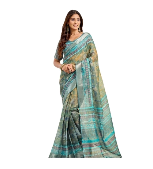 Women's Linen Cotton Printed Ready To Wear Saree With Unstitched Blouse 5.5 Mtr (Light_Green)
