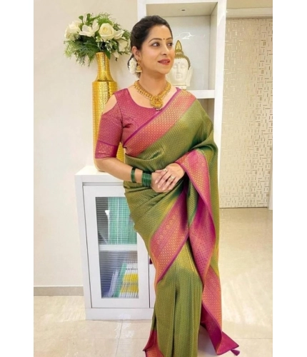 Women's Soft Lichi Silk Printed Saree With Unstitched Blouse 5.5Mtr (Mehndi-Green) Women's Soft Lichi Silk Printed Saree With Unstitched Blouse 5.5Mtr (Mehndi-Green)