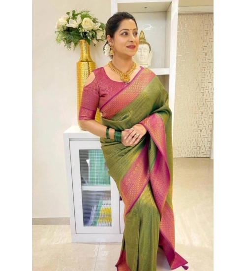 Women's Soft Lichi Silk Printed Saree With Unstitched Blouse 5.5Mtr (Mehndi-Green)