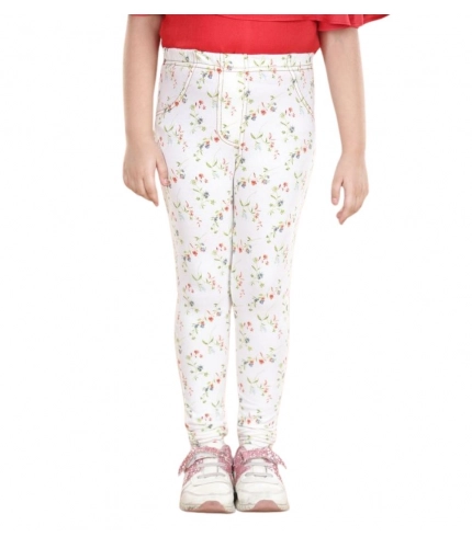 Girl's Cotton Lycra Floral Elasticated Jeggings (White-Green) Girl's Cotton Lycra Floral Elasticated Jeggings (White-Green)