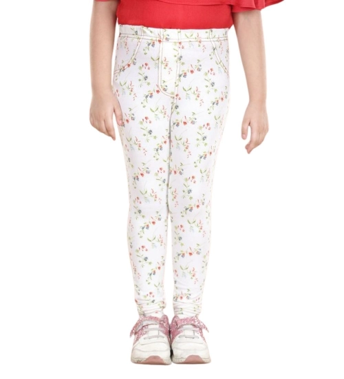 Girl's Cotton Lycra Floral Elasticated Jeggings (White-Green) Girl's Cotton Lycra Floral Elasticated Jeggings (White-Green)