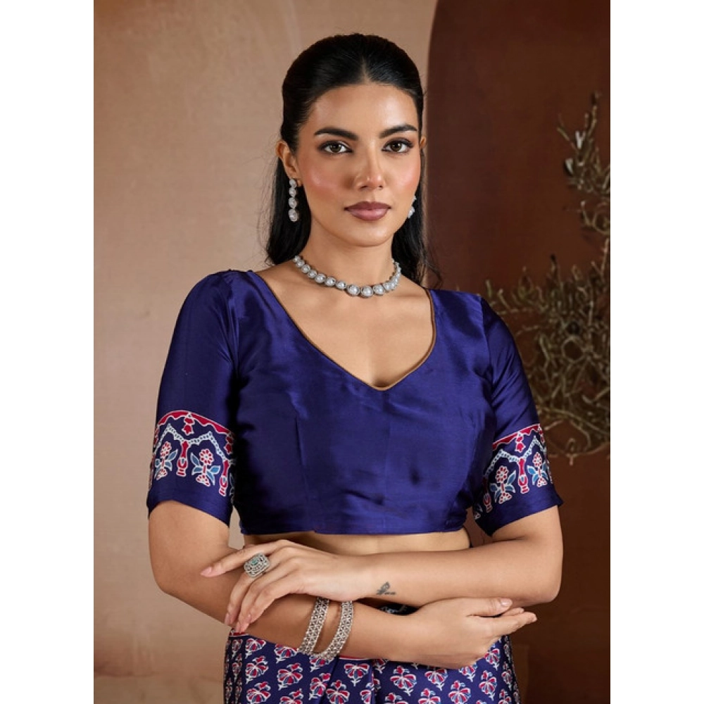 Women's Satin Crepe Printed Saree With Unstitched Blouse 5.5Mtr (Navy Blue)