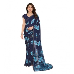 Women's Georgette Printed Saree With Unstitched Blouse 5.5Mtr (Navy Blue)