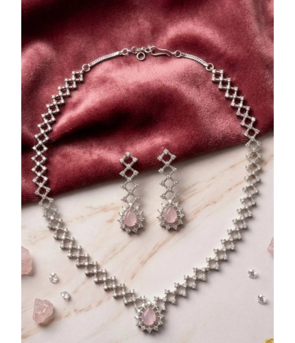 Women's Brass Silver Plated Necklace set (Pink)