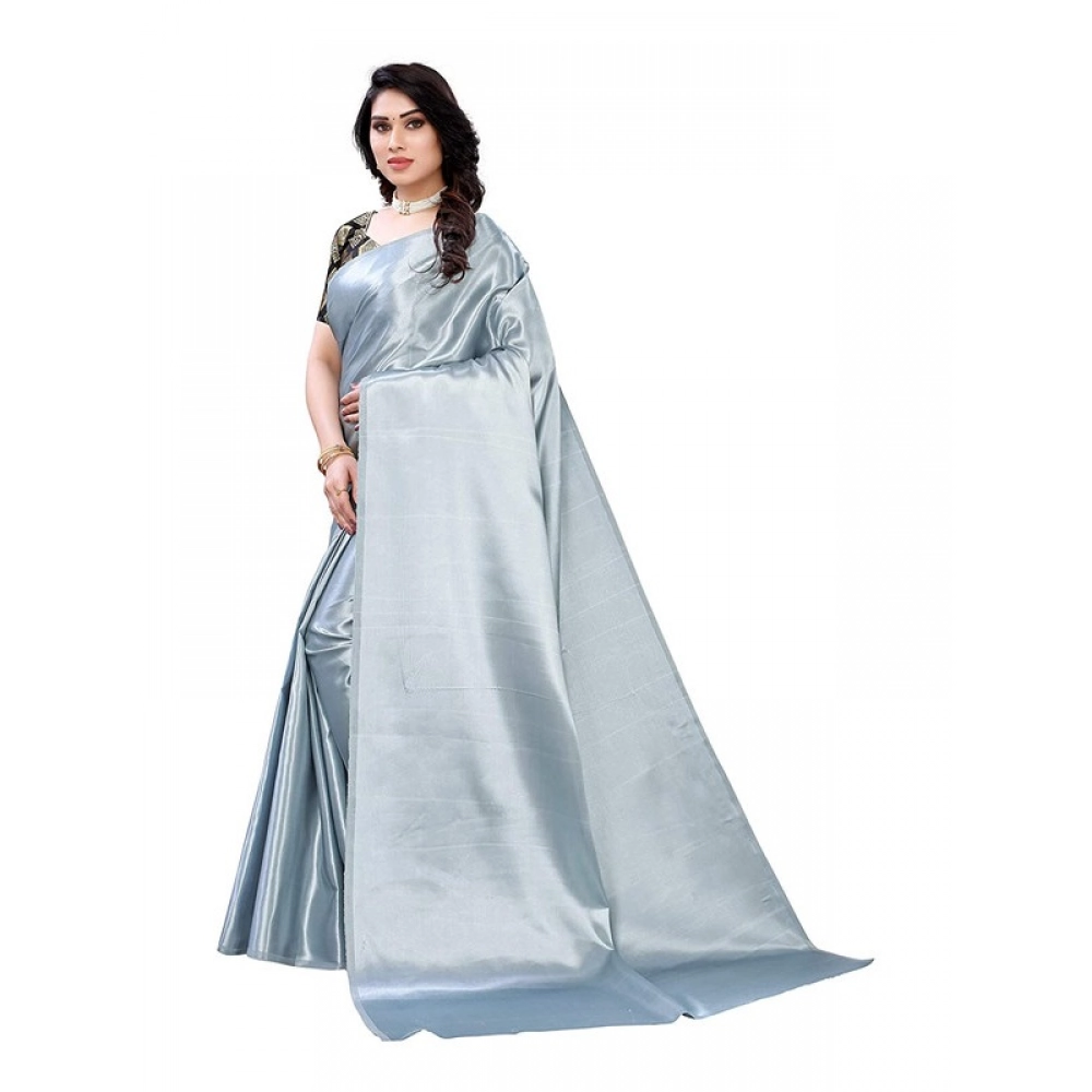 Women's Satin Printed Saree With Unstitched Blouse 5.5Mtr (Grey)