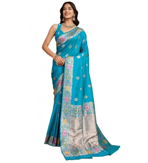 Women's Faux_Banarasi_Silk Woven Saree With Unstitched Blouse 5.5Mtr (Turquoise) Women's Faux_Banarasi_Silk Woven Saree With Unstitched Blouse 5.5Mtr (Turquoise)